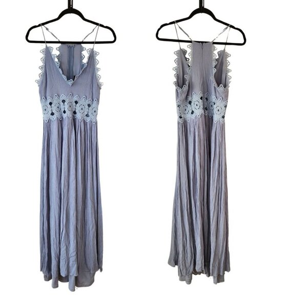 Lulus This is Love Slate Blue Maxi Dress Lace Gauzy Full Length Bridesmaid Sz M - Picture 2 of 11